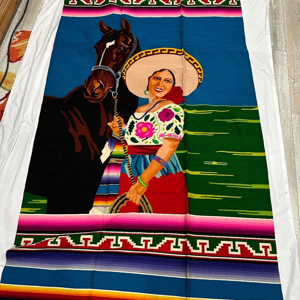 MEXICAN CHARRA & HORSE WALL/ RUG/BLANKET..VINTAGE RARE..EUC